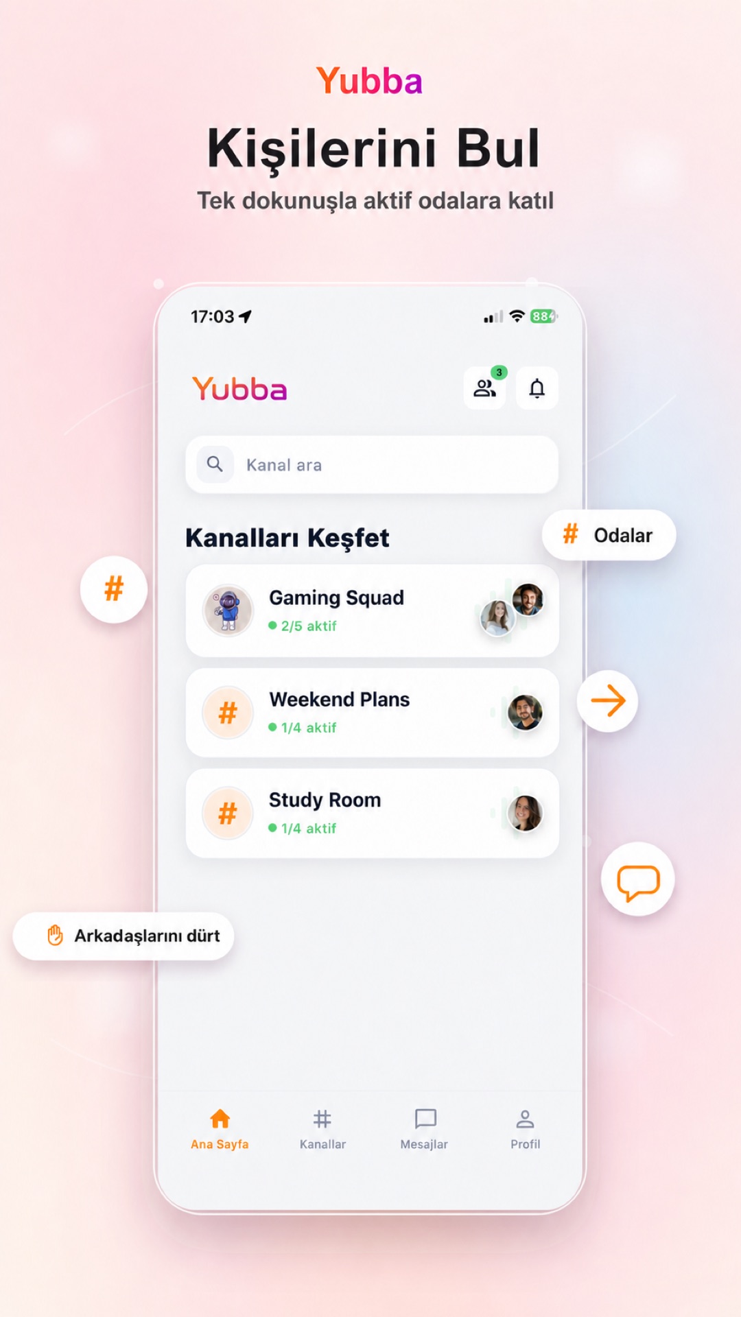 Yubba'da arkadaşları ve kanalları keşfetme ekranı